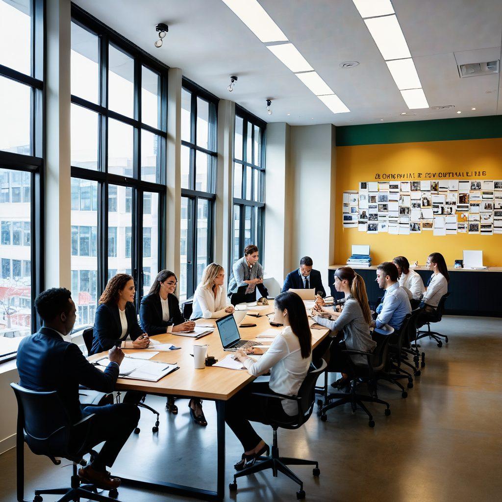 A dynamic scene featuring a diverse group of job seekers in a modern office environment, brainstorming and sharing ideas around a large table. Include elements like resumes, laptop screens displaying job listings, and a motivational quote on the wall. Bright natural light streams in through large windows, symbolizing hope and opportunity. Enhance the atmosphere with vibrant colors to evoke a sense of energy and motivation. super-realistic. vibrant colors. modern office.