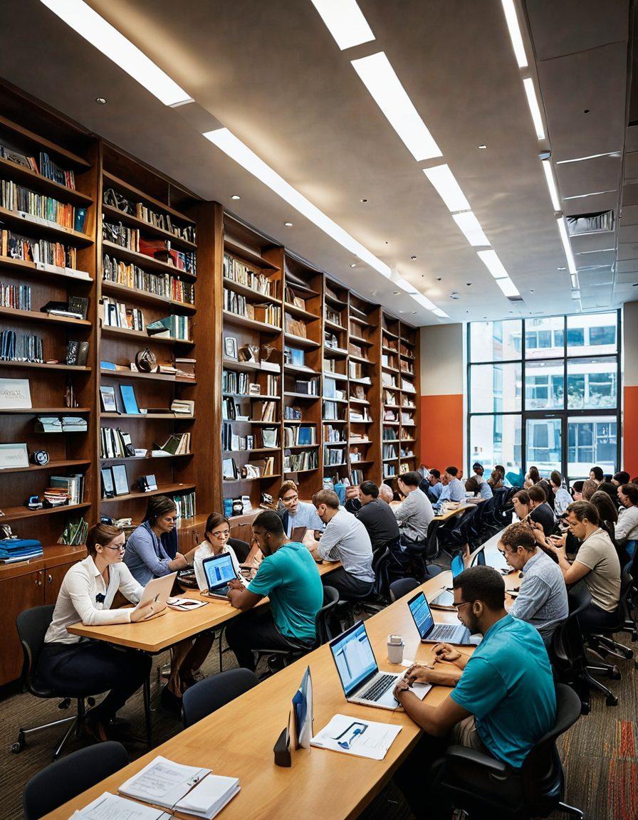 A dynamic scene depicting a diverse group of professionals engaged in various activities like networking, attending workshops, and using digital devices for learning. The background features bookshelves filled with career development resources, while motivational quotes are displayed on the walls. A vibrant color palette emphasizes growth and opportunity. super-realistic. bright colors. professional setting.