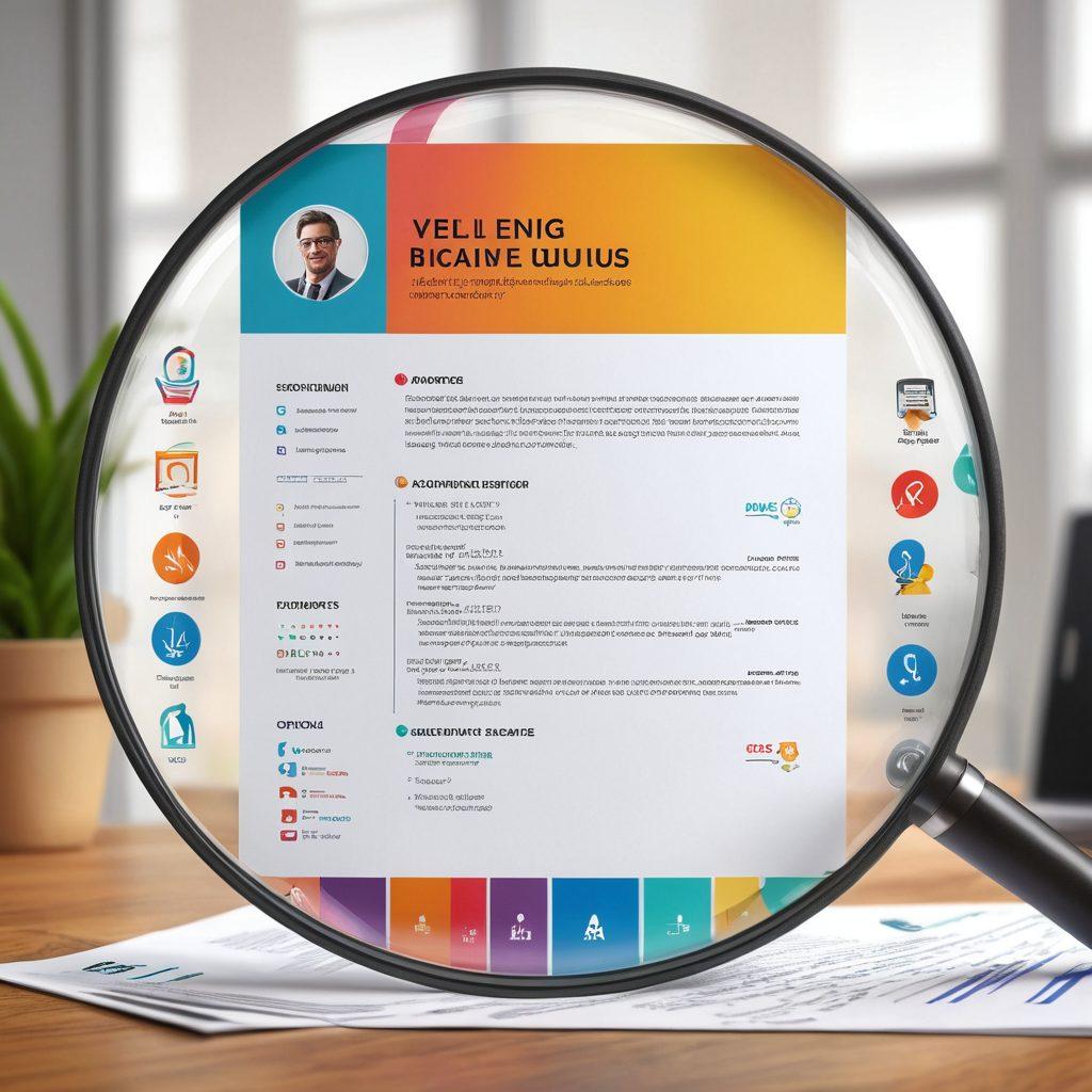 A visually striking resume being highlighted under a magnifying glass, surrounded by colorful icons of job applications and interview tips. Incorporate a confident individual reviewing the resume, with dynamic arrows pointing towards key skills and achievements. The background should convey professionalism with hints of creativity. vibrant colors. super-realistic.
